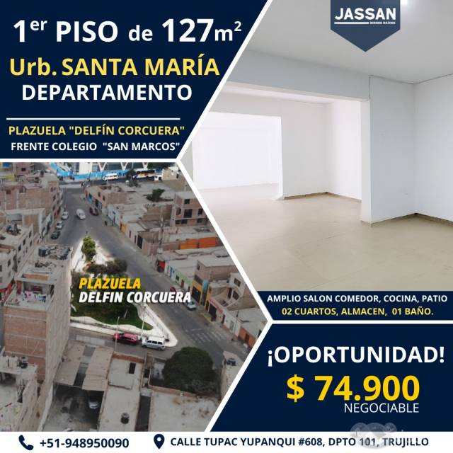 Hogar 1er PISO de 127m2 en Urb. Santa María a US$74,900 (Negociable) -Trujillo