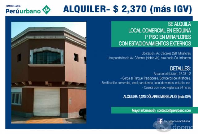 Se alquila local comercial en esquina 1°piso en Miraflores (U$S 2.370 – más IGV)
